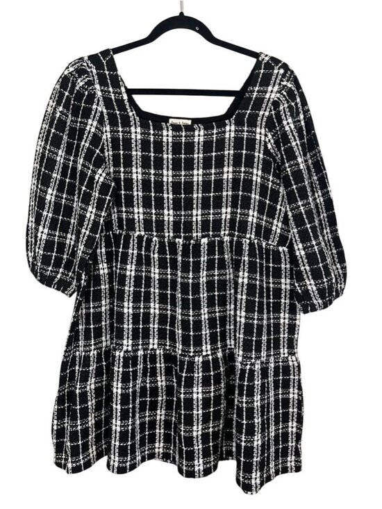 Aaron & Amber Dresses & Skirts - Neutral Plaid Babydoll Dress Black L Boho Indie Festival Festive Holiday Checks